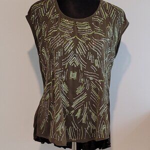 Willow  & Clay Anthropology Olive Green Sheer-Front Beaded Tank / XL